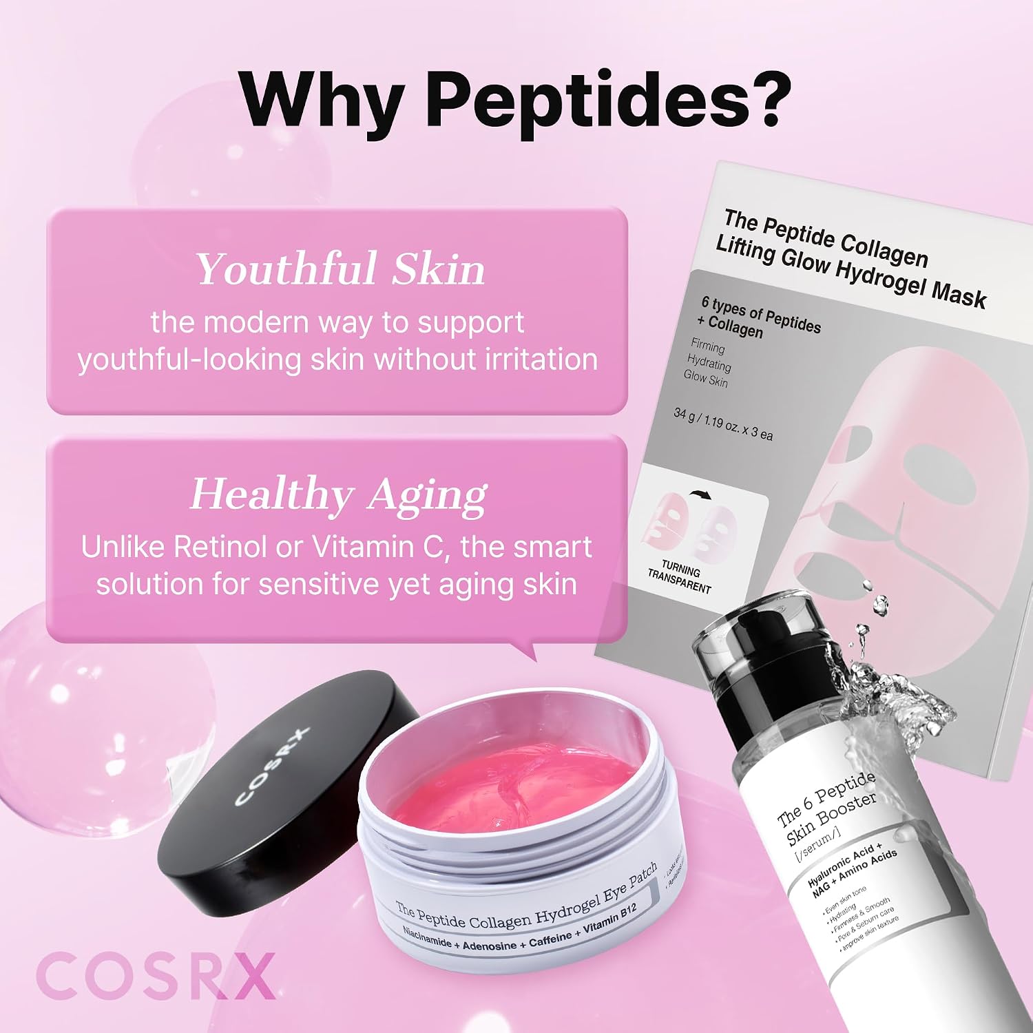 Pink Peptides Collagen Hydrogel Eye Patch for Puffy Eyes (60) | Cooling & Firming Under Eye Patches with 4-Peptide &