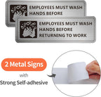 Employees Must Wash Hands Sign, (2 Pack) Self-adhesive Metal Signage for Office Bathroom, 9 x 3 Inch Waterproof