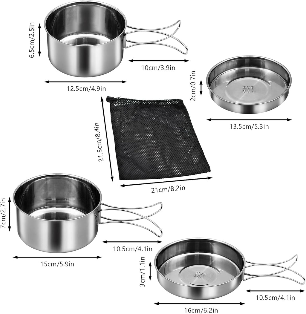 18/8 Stainless Steel Camping Cook Pot Set of 4 pcs | Camping Messware Kit, Backpacking Camping Cookware, Picnic