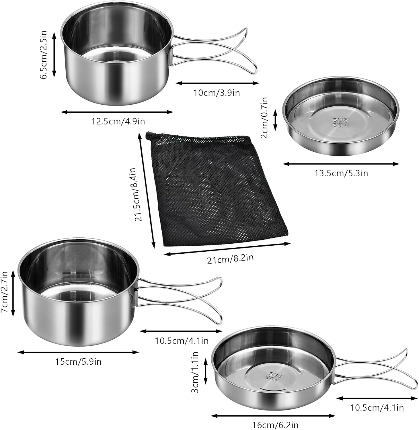 18/8 Stainless Steel Camping Cook Pot Set of 4 pcs | Camping Messware Kit, Backpacking Camping Cookware, Picnic