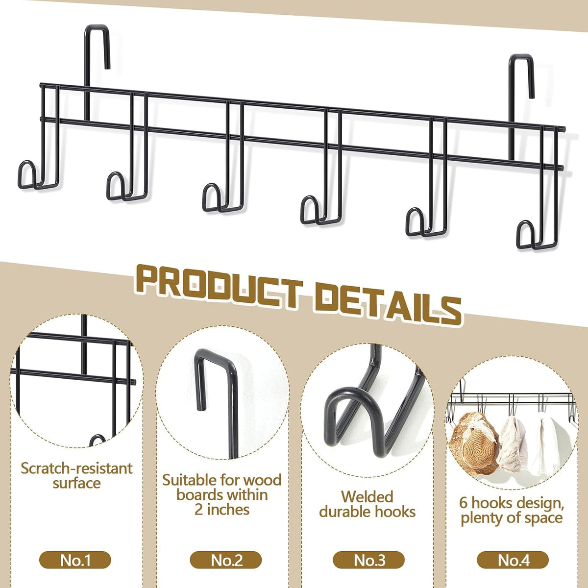 6 Hook 2 Pcs Bridle Hooks Tack Room Metal Wall Hangers Rack, Black