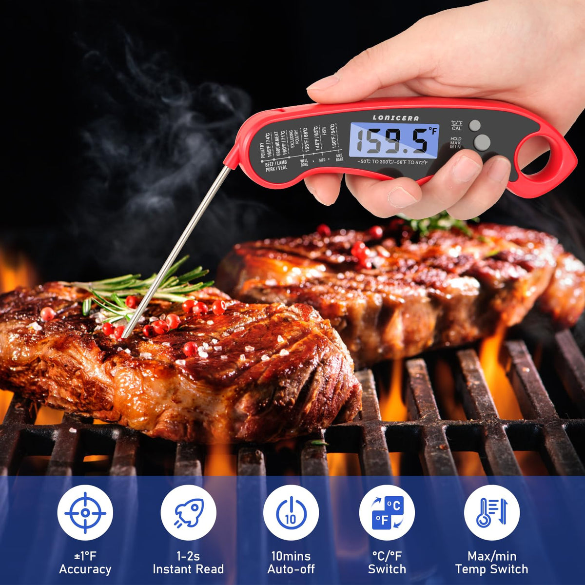 LONICERA Digital Meat Thermometer, 1-2s Instant Read, Foldable Probe, Red