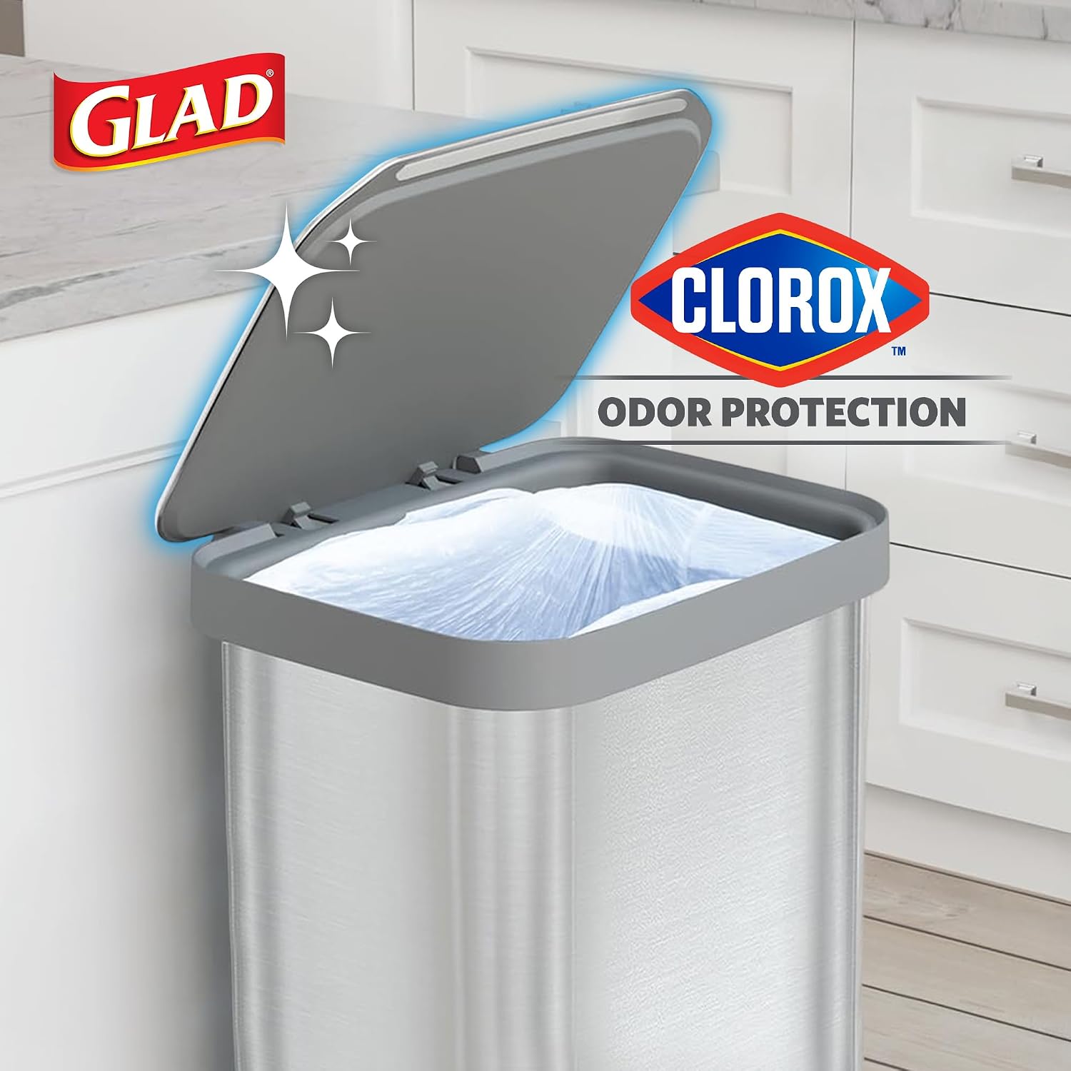 20 Gallon All Brushed Stainless Steel Trash Can with Clorox Odor Protection | Large Metal Kitchen Garbage Bin with