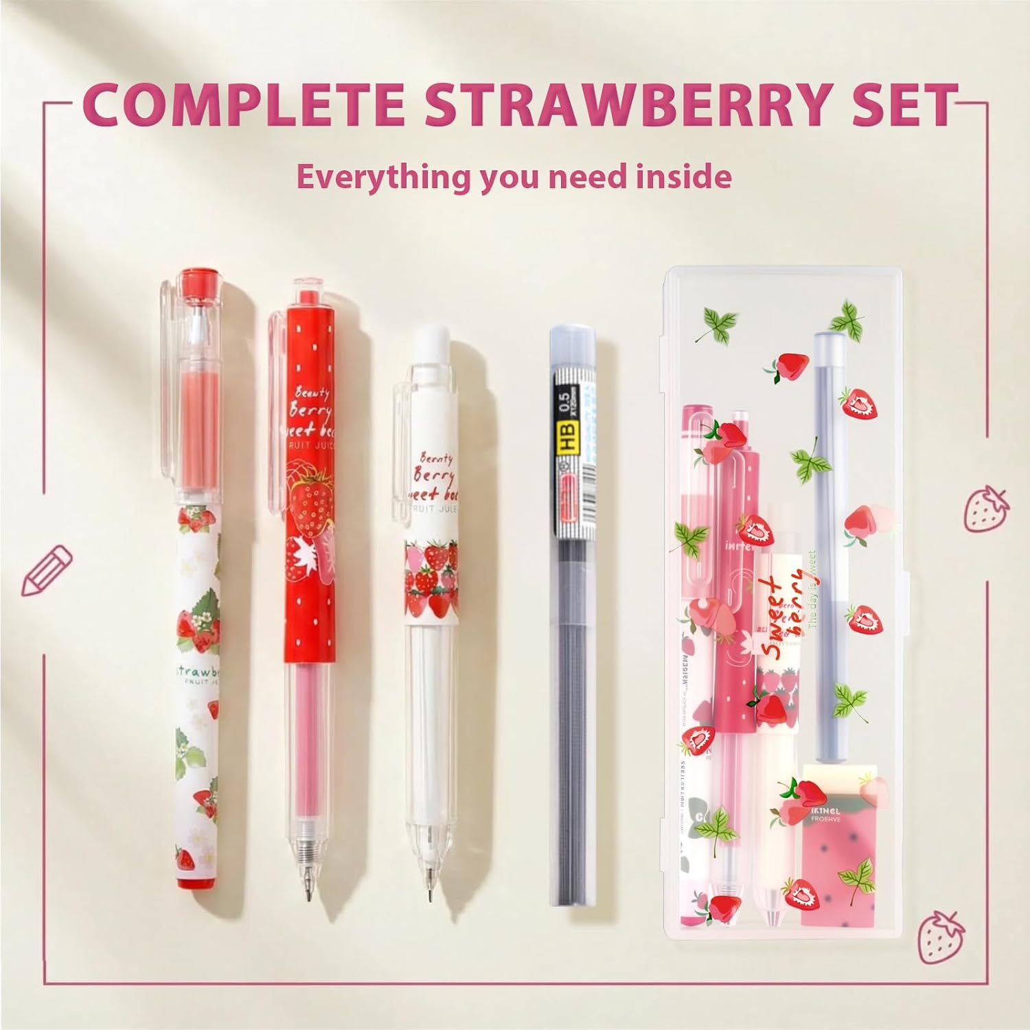 Cute Strawberry Pens Set Include Kawaii 0.5mm Strawberry Mechanical Pencil,Mechanical Pencil Lead Refills,Erasers,Gel