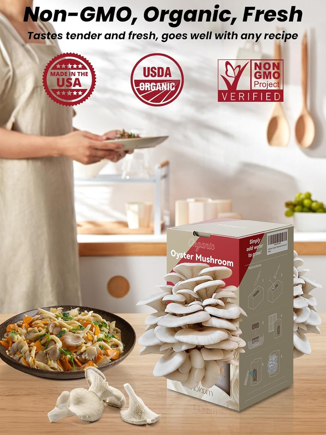 Organic Oyster Mushroom Growing Kit with Spray, Harvest Fresh Mushrooms at Home, Beginner Friendly & Easy to Use