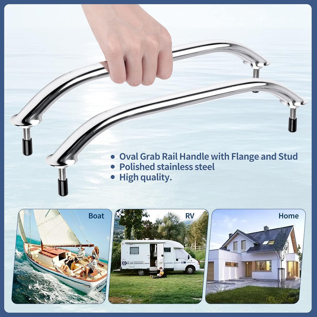 Polished Stainless Handrail,Heavy Duty Oval Boat Marine Grab Handle with Flange & Stud - 12" Long