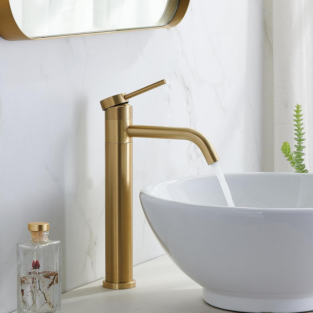 Hotis Gold Vessel Sink Faucet, 360 Swivel Brushed Gold Vessel Faucet, Single Handle Tall Body Farmhouse Vessel
