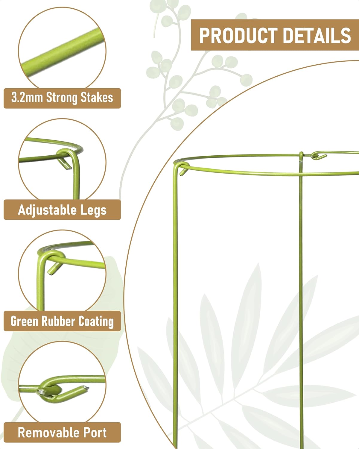 5-Pack Heavy Duty Plant Support Stakes, Metal Plant Ring Cages for Indoor Outdoor Plants, Adjustable Garden Stakes