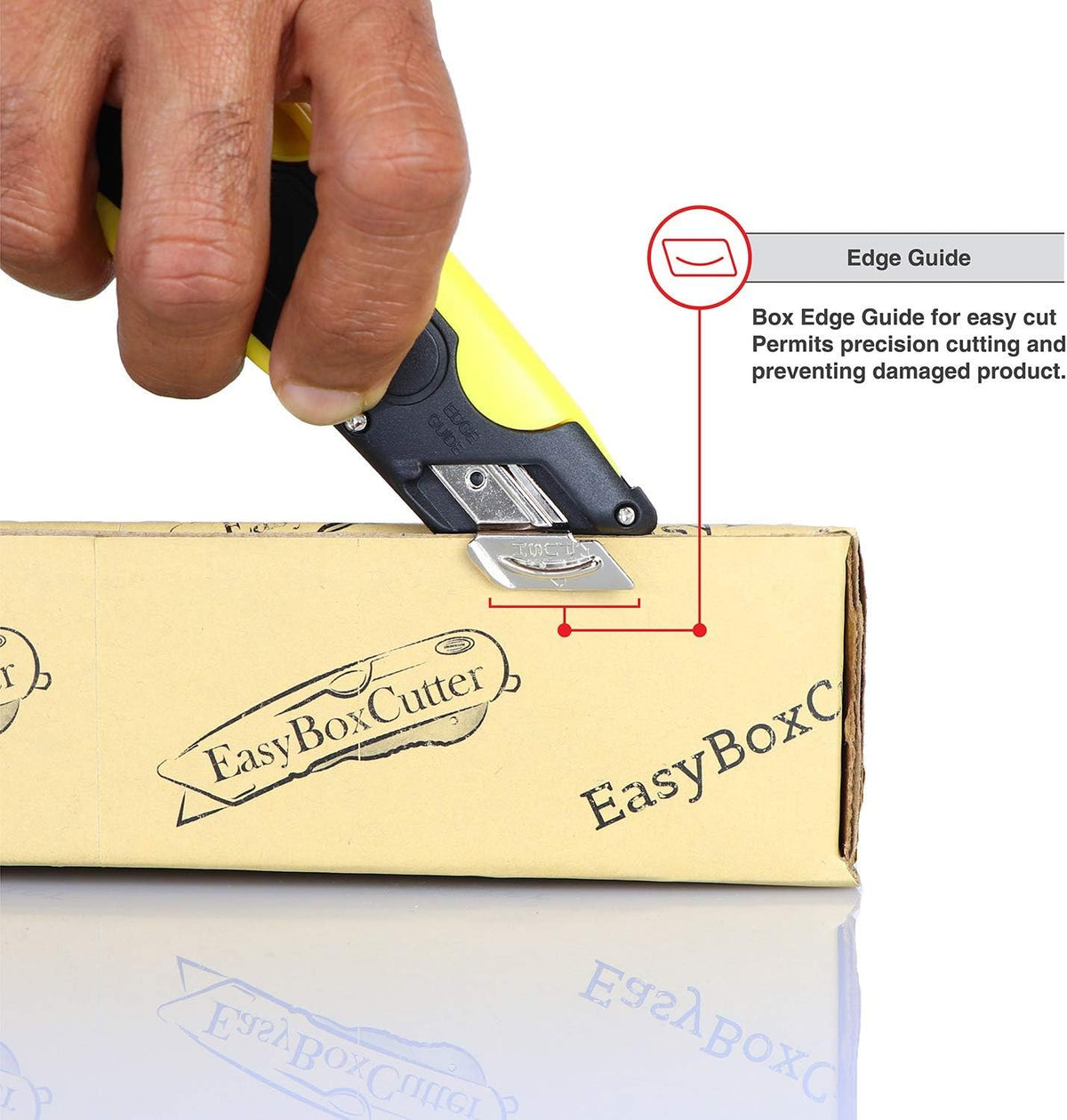Modern Box Cutter, extra tape cutter at back, dual side edge guide, 3 blade depth setting, 2 blades and holster
