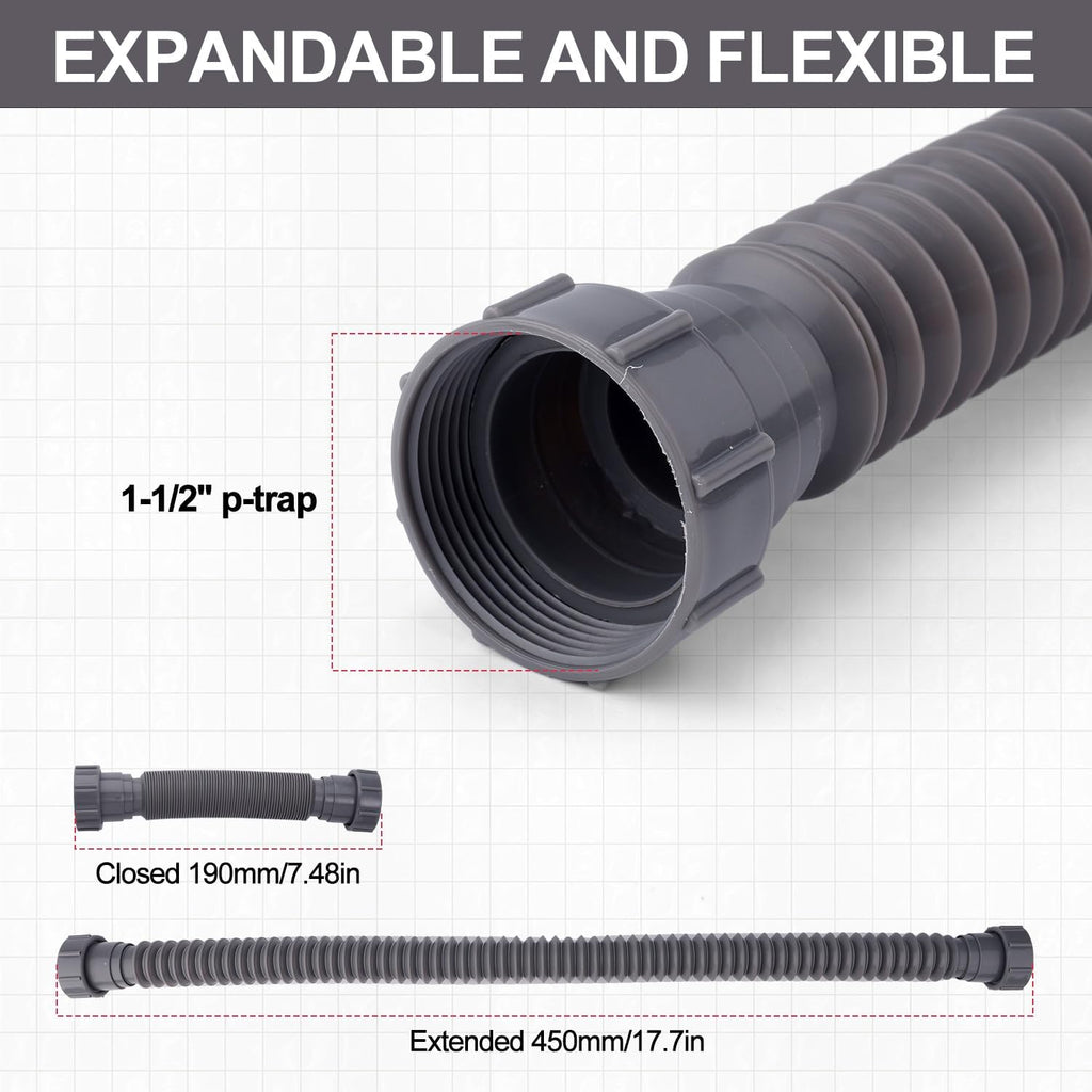 Sink Drain Kit, 1-1/2 Inch Expandable Flexible P-Trap 7.5 Inch - 17.7 Inch | Flexible Sink Drain Pipe for Bathroom