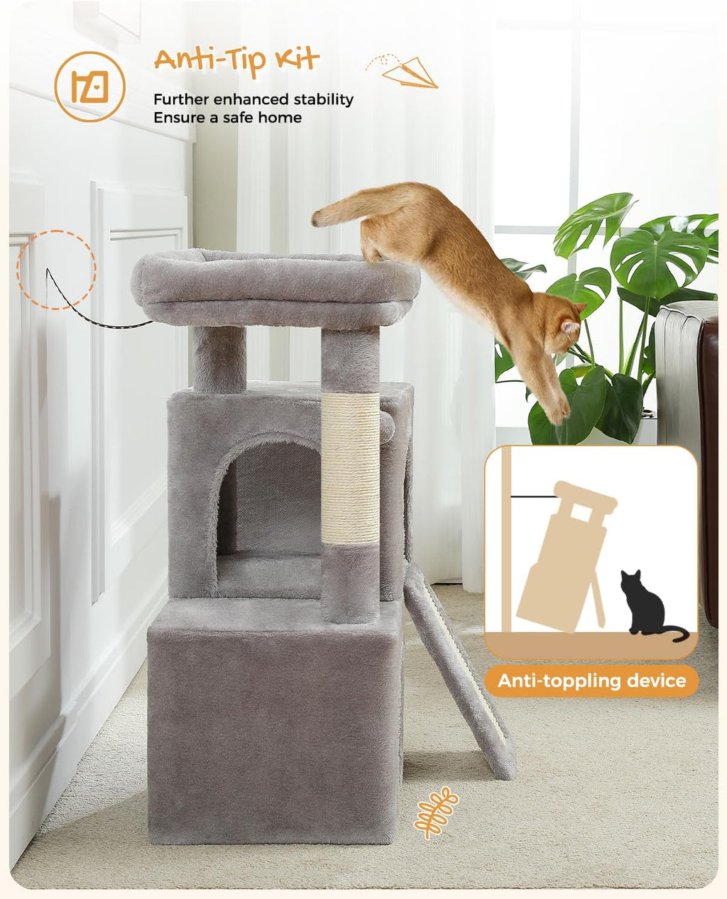 Cat Tree, 30 Inches Cat Tower with Dual Condos for Indoor Cats, Plush Cat House with Padded Perch, Scratching Ramp