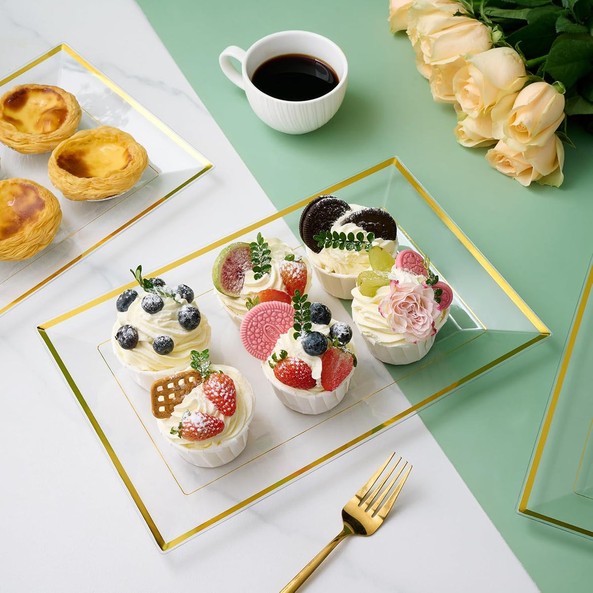 8 PCS Plastic Serving Trays for Party, Clear Gold Rim Platters