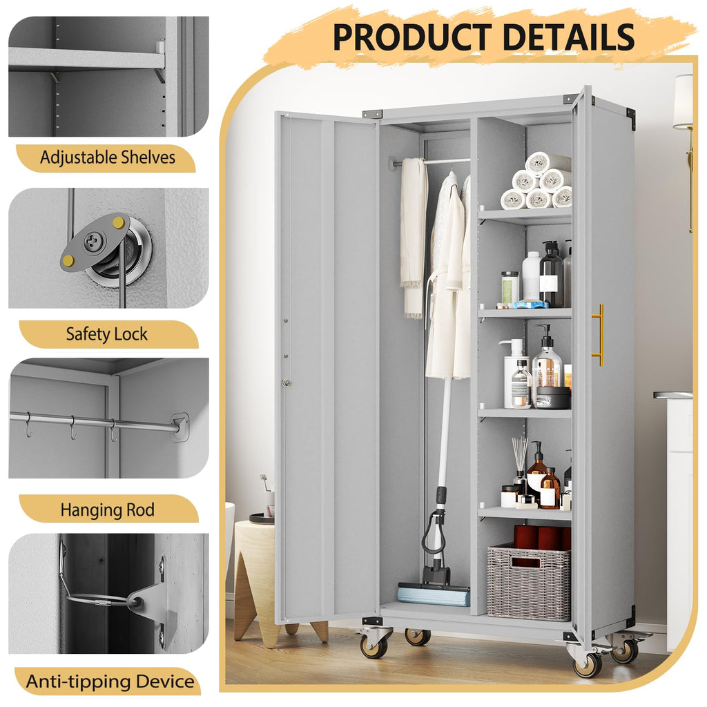 71" Rolling Lockable Metal Broom Closet Storage Cabinet, Grey White