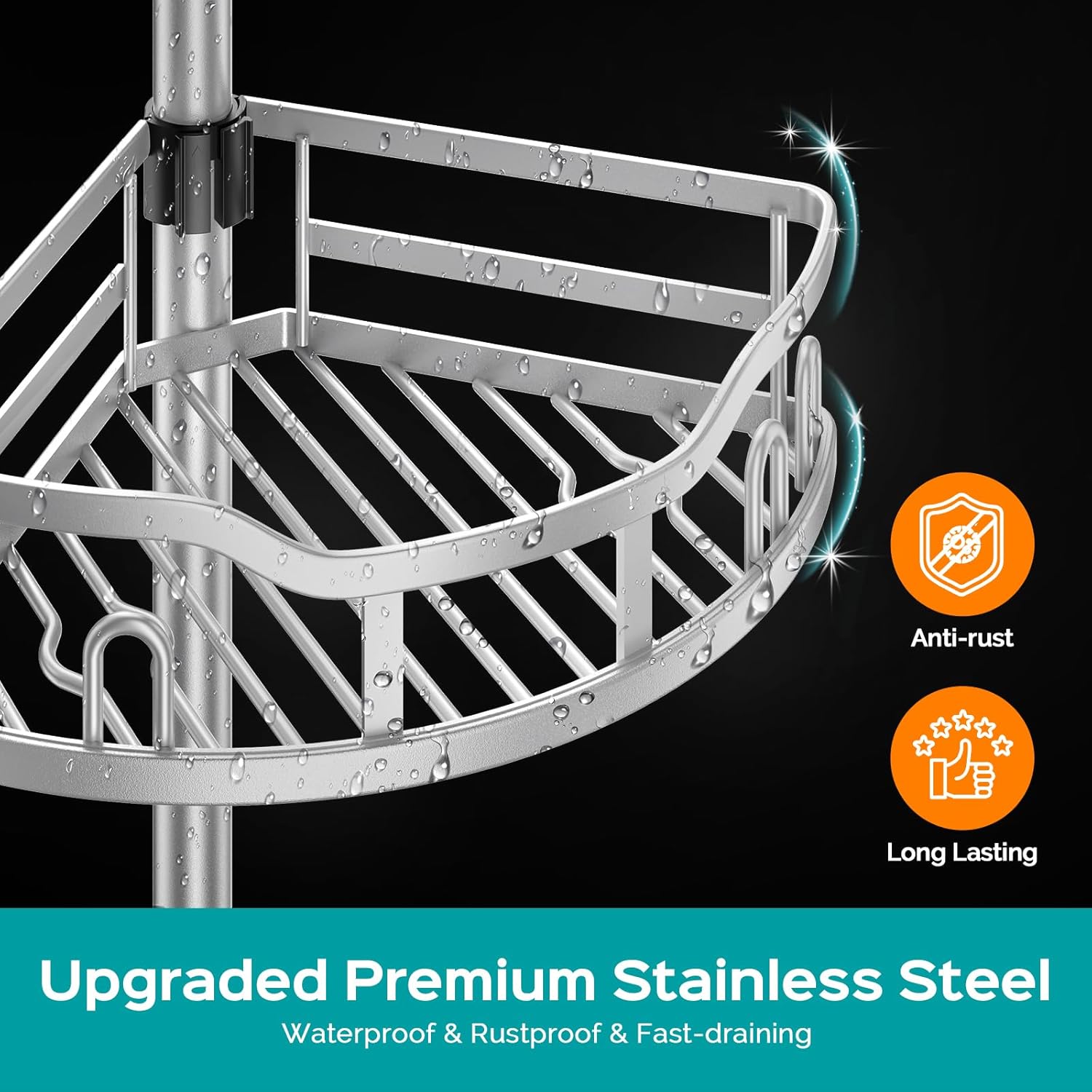 Corner Shower Caddy Tension Pole: Rustproof 4-Tier Bathroom Organizer Shelves for Bathtub Shampoo Storage - 47-121