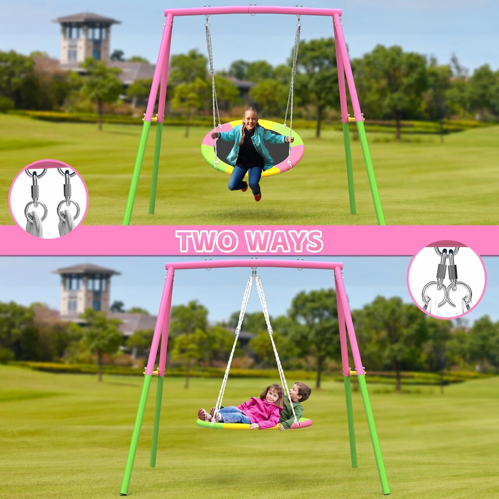 Flying Saucer Swing Set with Heavy Duty A-Frame Metal Swing Stand, Full Steel, Outdoor for Kids, Backyard