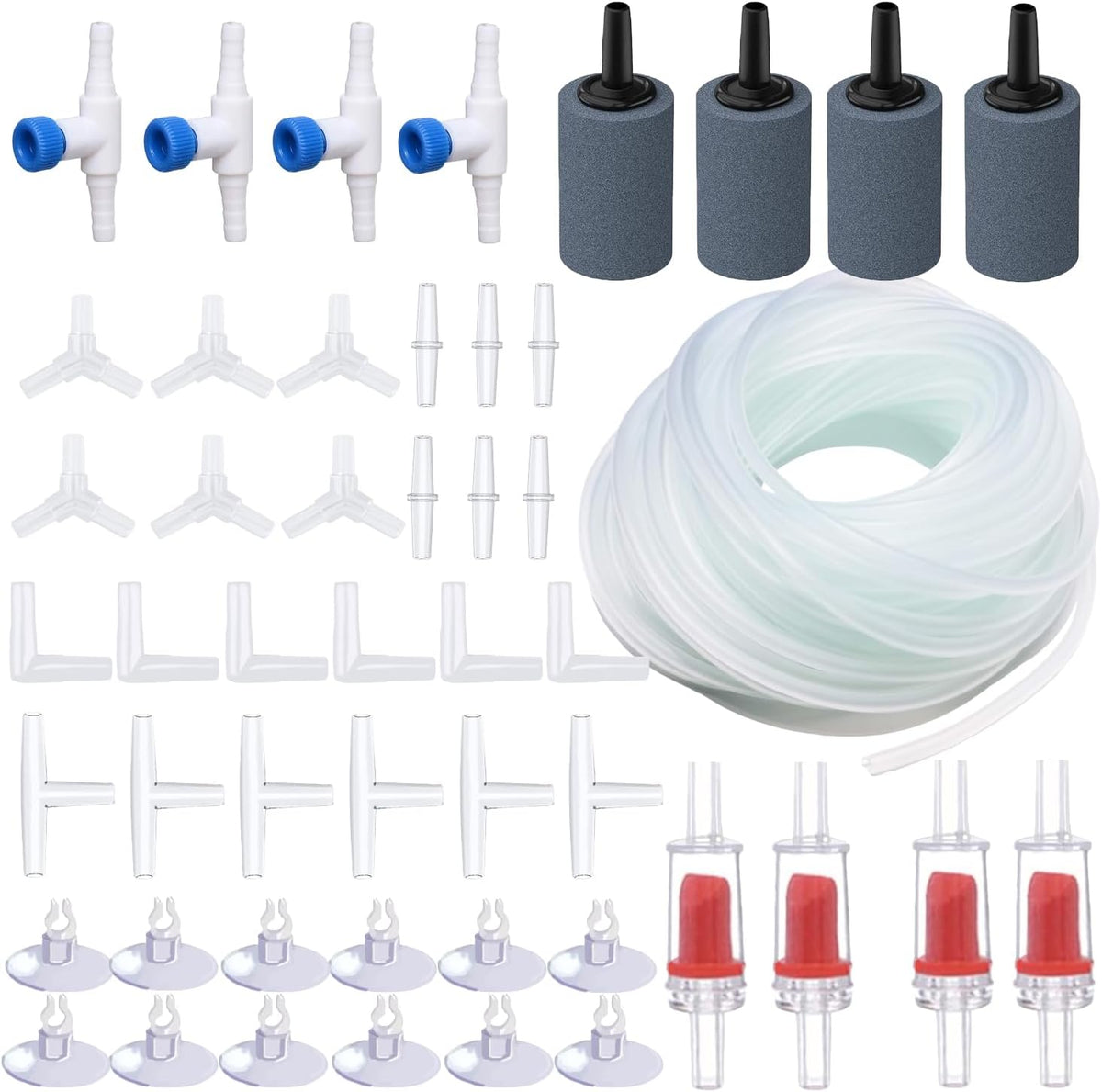 Aquarium Air Pump Accessories - Contains Airline Tubing, Control Valve, Air Stones, Connectors, Check Valves, Suction
