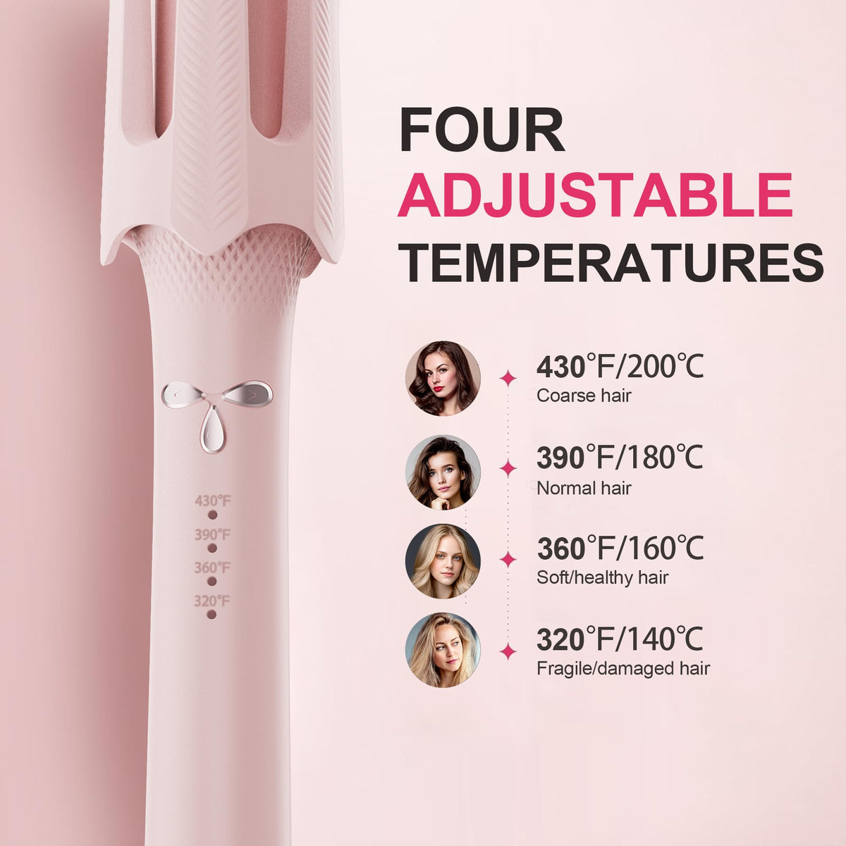 Auto Curling Iron with 4 Temps, 3 Timers & Shut-Off (Pink)