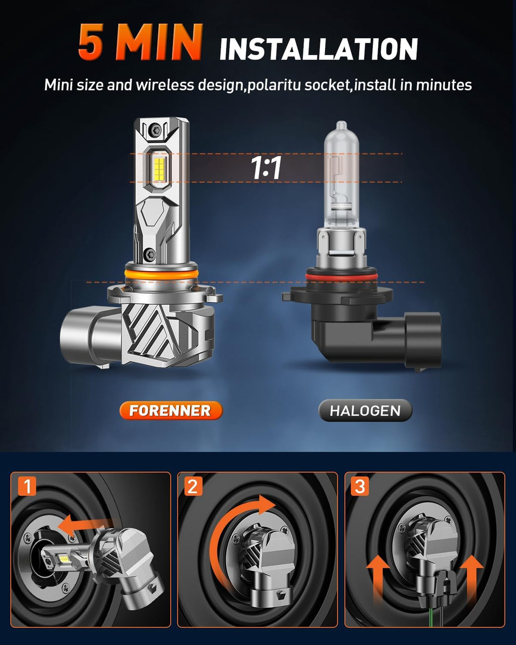 9005/HB3 Light Bulbs, 900% Ultra-Brighter, 6500K Cool White, 1:1 Mini Size 9005 Fog Light Bulbs, 10-Year Lifespan