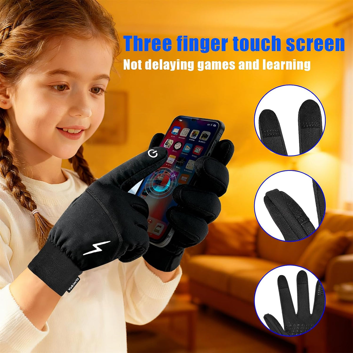 Kids Gloves Winter Waterproof Warm Touchscreen Anti-Slip Reflective Gloves with Velvet Lining for 3-16 Years Girls