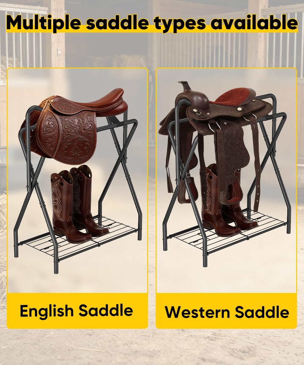 Horse Saddle Rack for English Saddle, Foldable Saddle Stand with Bottom Storage for Horse Tack, Saddle Pad Rack for
