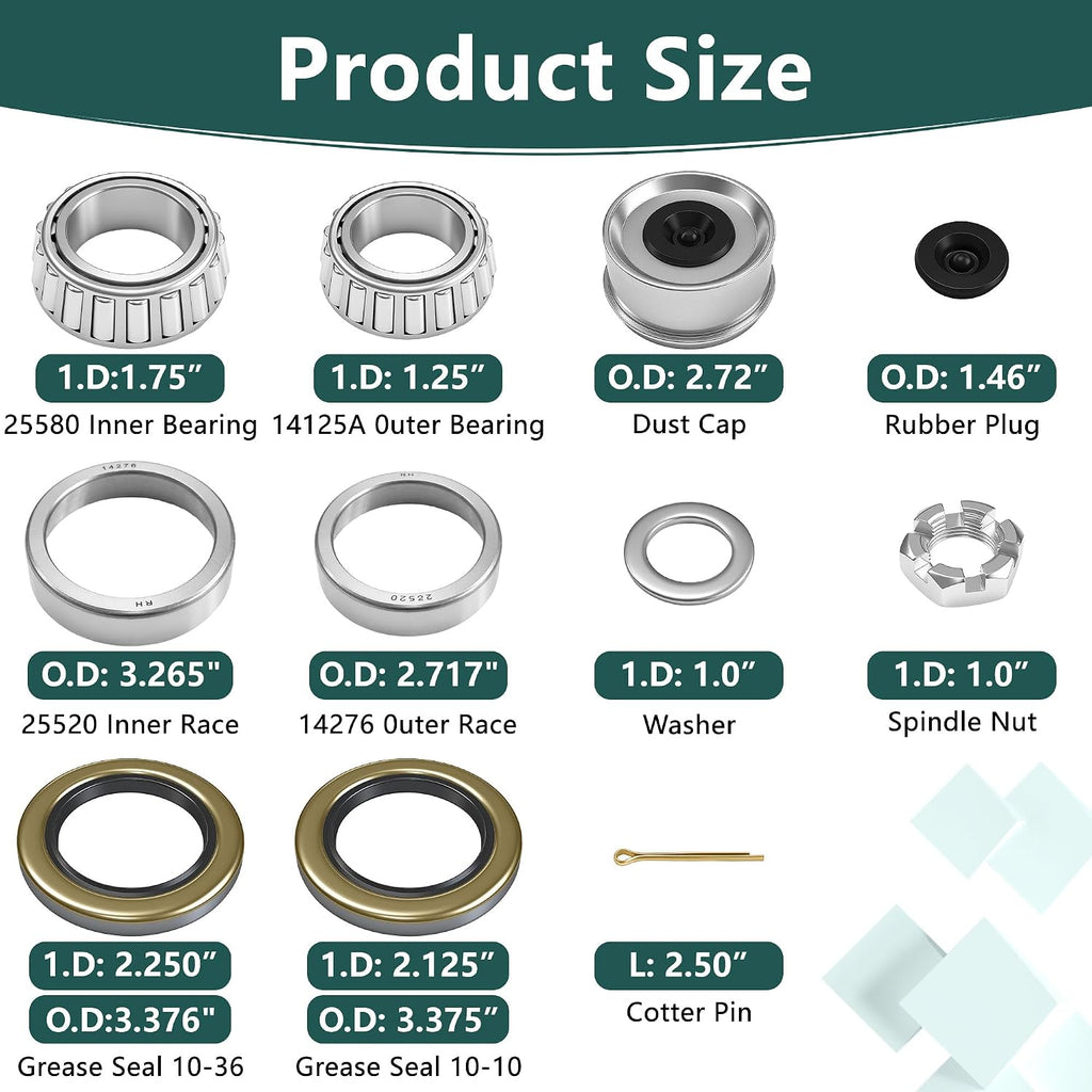 4 Sets 7,000 lb Boat Trailer Axles Bearing Kits, 25580 14125A Bearings-Double Lip Grease Seals 10-36 (or 10-10), Fits