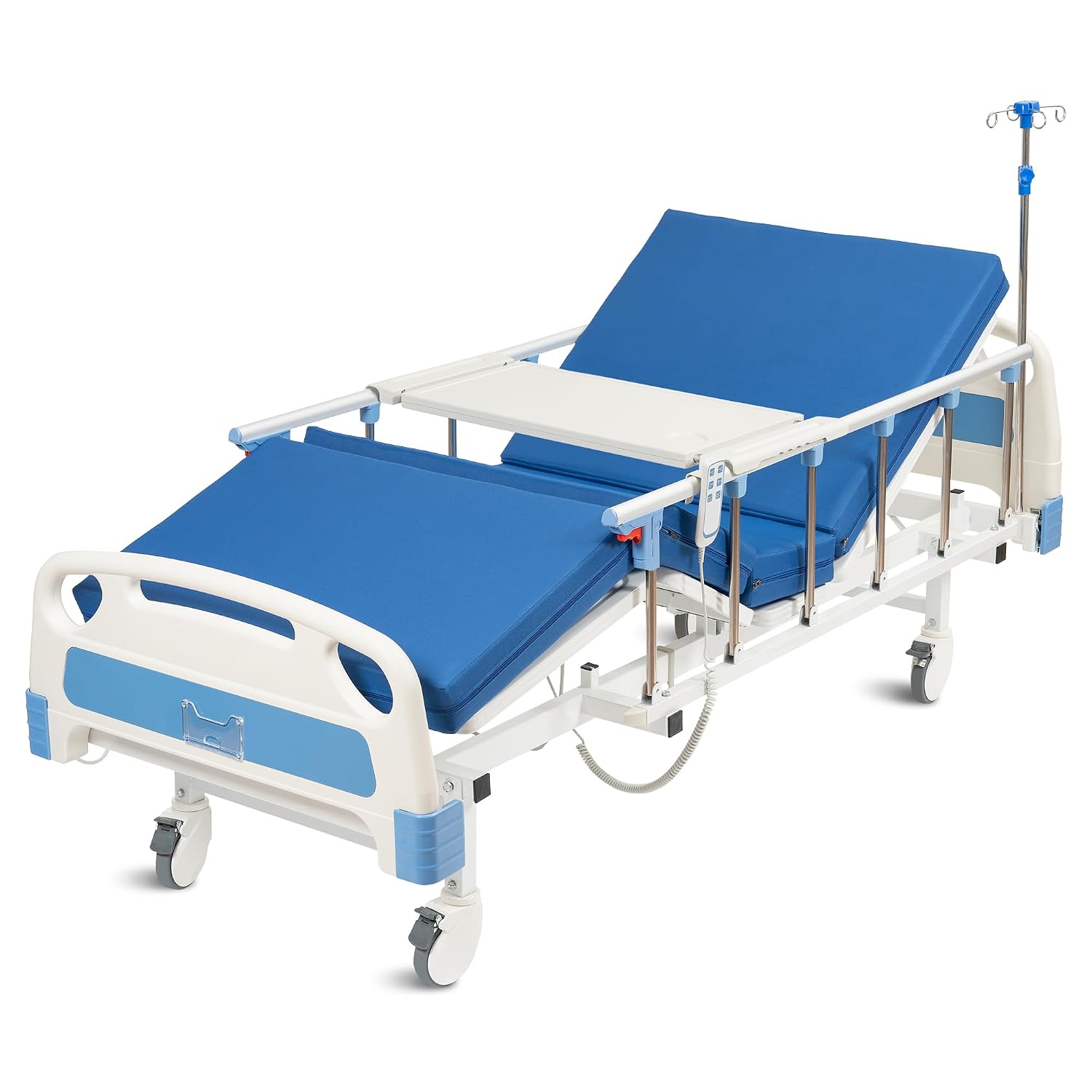 Premium 2 Function Full Electric Hospital Bed, ICU Electric Medical Bed with 4 inch Foam Mattress & IV Pole, Dining