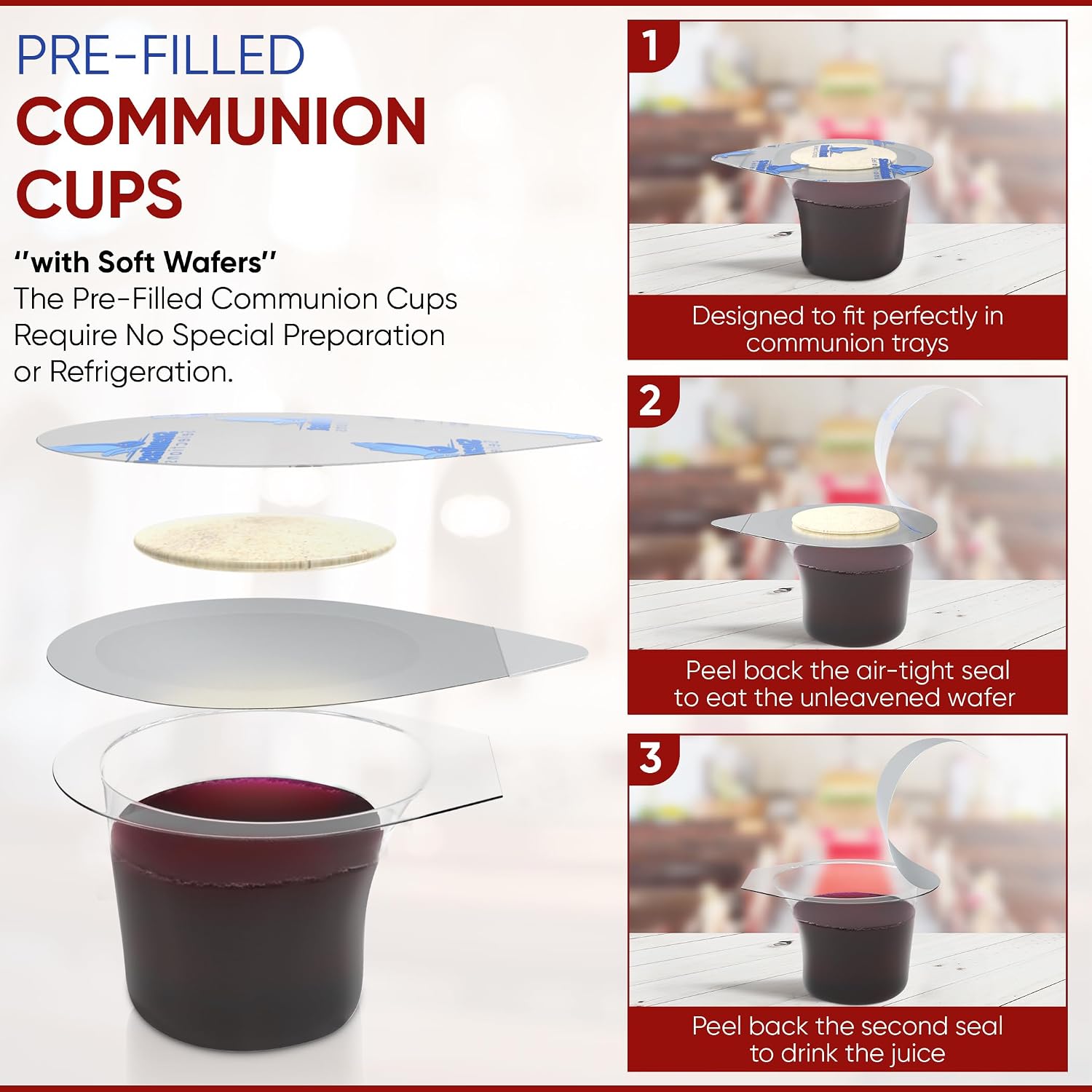 50 CT Pre-filled Communion Cups and Wafer Set, Comunión Cups and Bread, Prefilled Communion Cups and Wafer Set