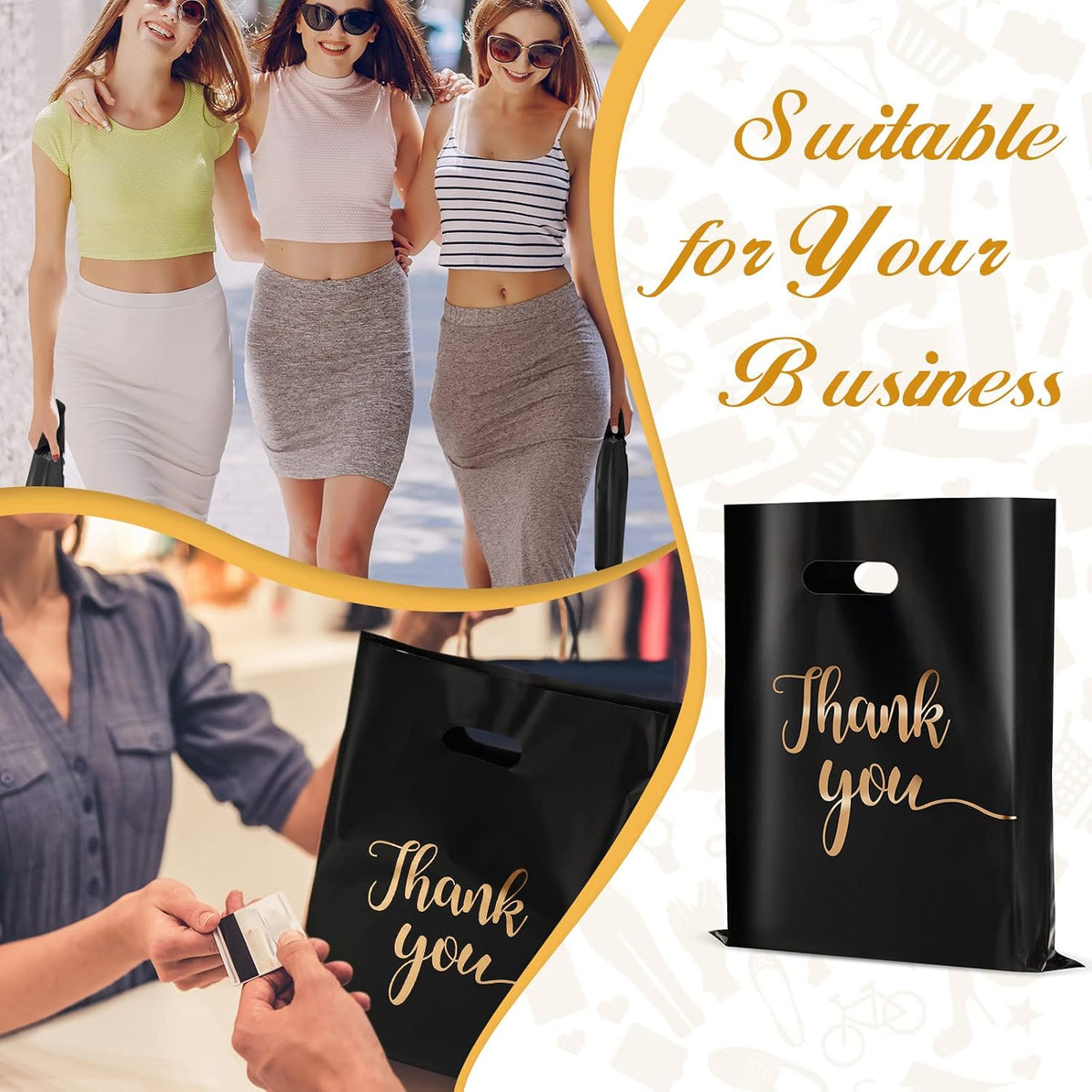 200 Pcs Thank You Merchandise Bags 9x12 Plastic Die Cut Handle