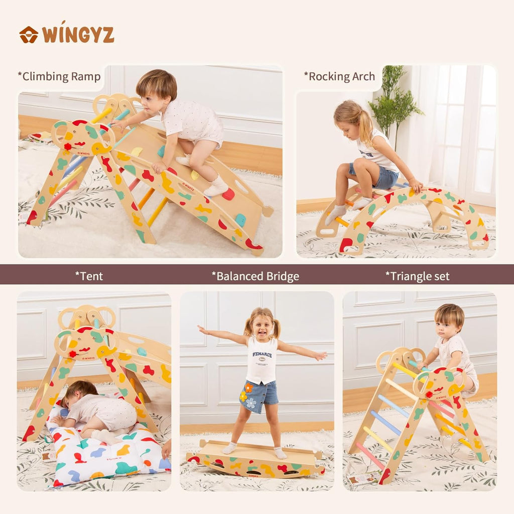 Pikler Triangle Set, Montessori Foldable 8-in-1 Jungle Gym & Reversible Animal Slide, Patent-Protected Climbing Set