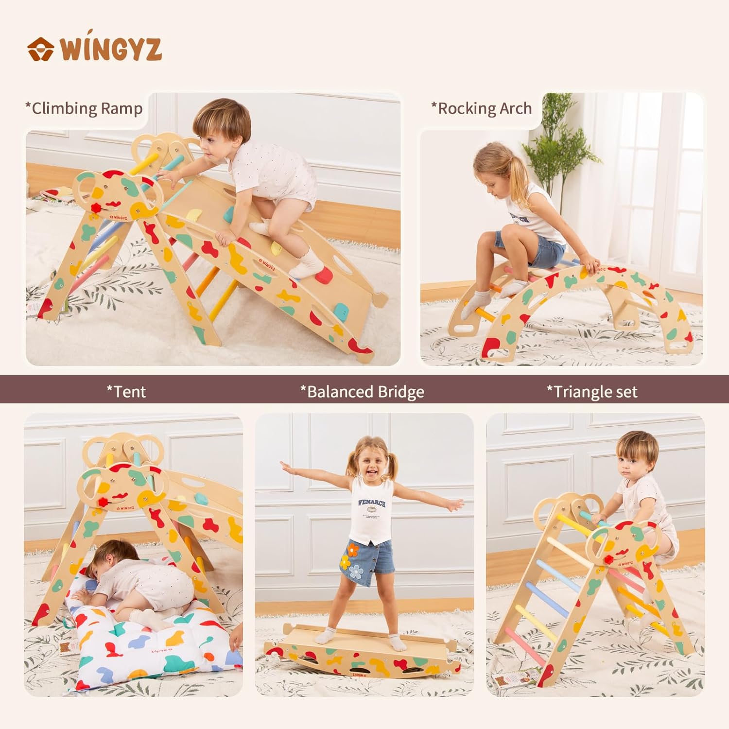 Pikler Triangle Set, Montessori Foldable 8-in-1 Jungle Gym & Reversible Animal Slide, Patent-Protected Climbing Set