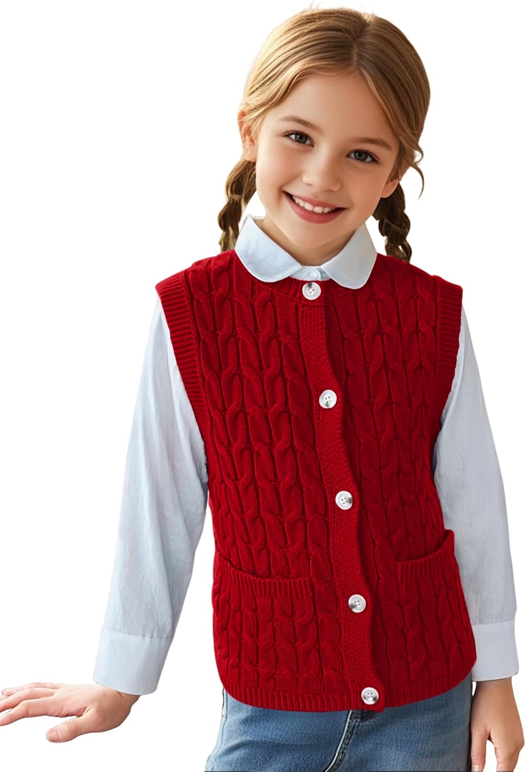 Girls Sweaters Vest Lightweight Sleeveless Cable Knit Sweater Cardigans Button Down Knitwear Tank Tops with Pockets