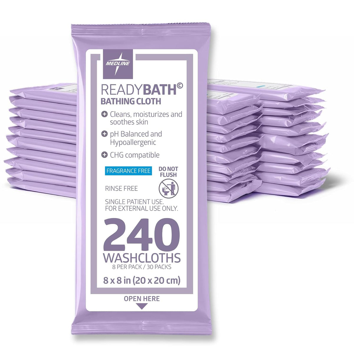 ReadyBath Adult Bath Wipes, 240 Wipes (8 Wipes, 30 Packs), Unscented, No Rinse Formula with Aloe, Shower Wipes for