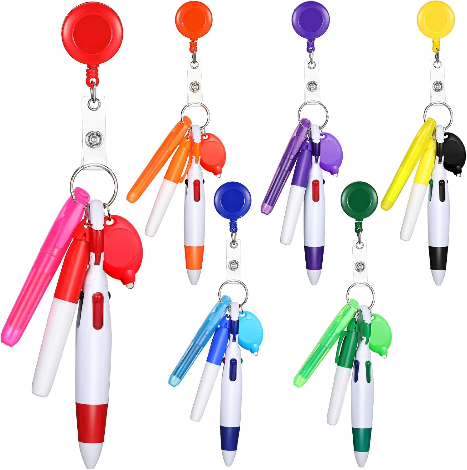 30 Pcs Retractable Shuttle Pen Clip with Mini Highlighter Nurse Badge Pen Neon Marker LED Keychain Ring Clip