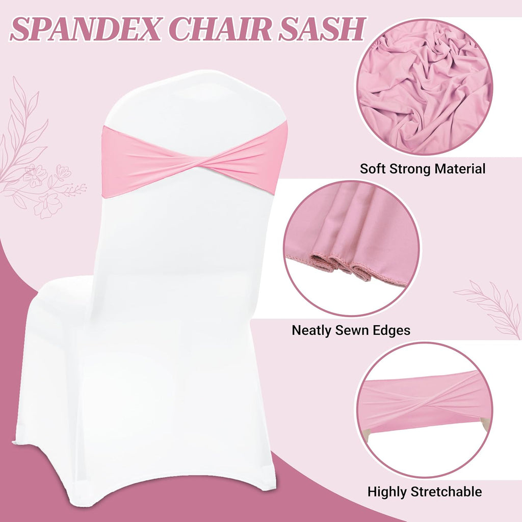 Pack of 100 PCS | Pink | Spandex Chair Sashes Bows Without Buckle | Stretch Elastic Banquet Universal Folding Chair