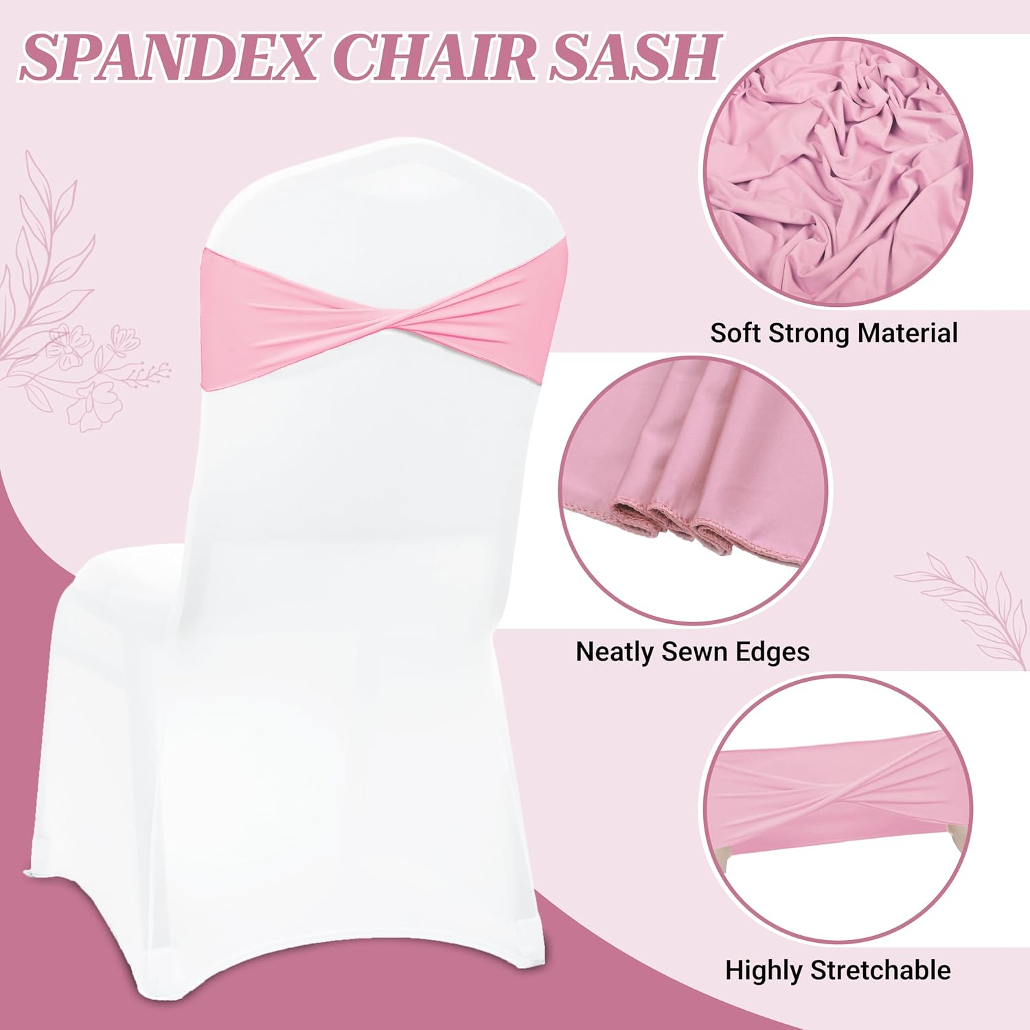 Pack of 100 PCS | Pink | Spandex Chair Sashes Bows Without Buckle | Stretch Elastic Banquet Universal Folding Chair