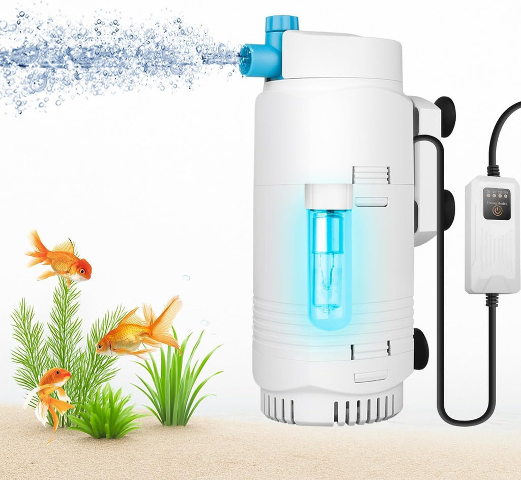 136GPH Aquarium Filter with U-V Light and Timer for 10-40 Gallon Small Fish Tank,Adjustable Flow Rate and Direction