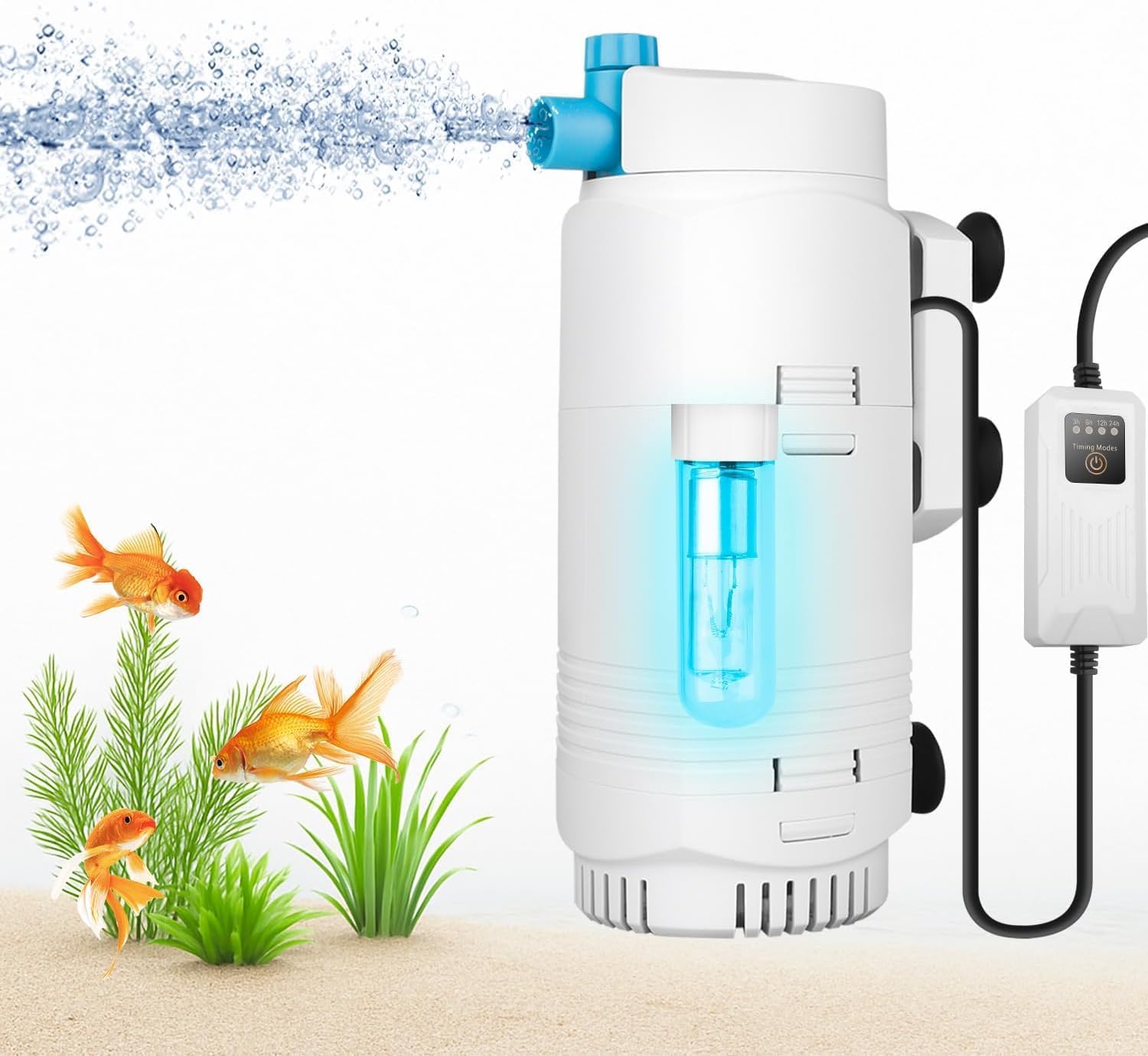 136GPH Aquarium Filter with U-V Light and Timer for 10-40 Gallon Small Fish Tank,Adjustable Flow Rate and Direction