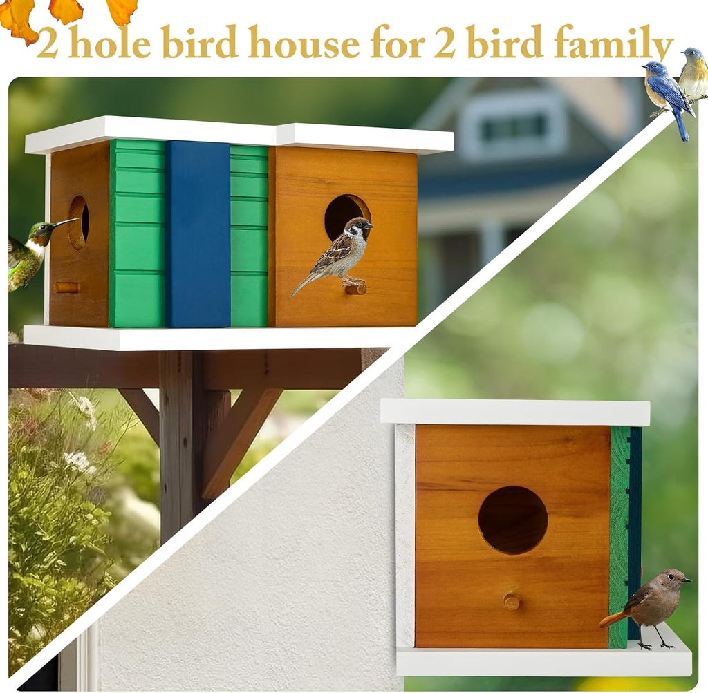 Wooden Birdhouse with 2 Entrances and Rear Access