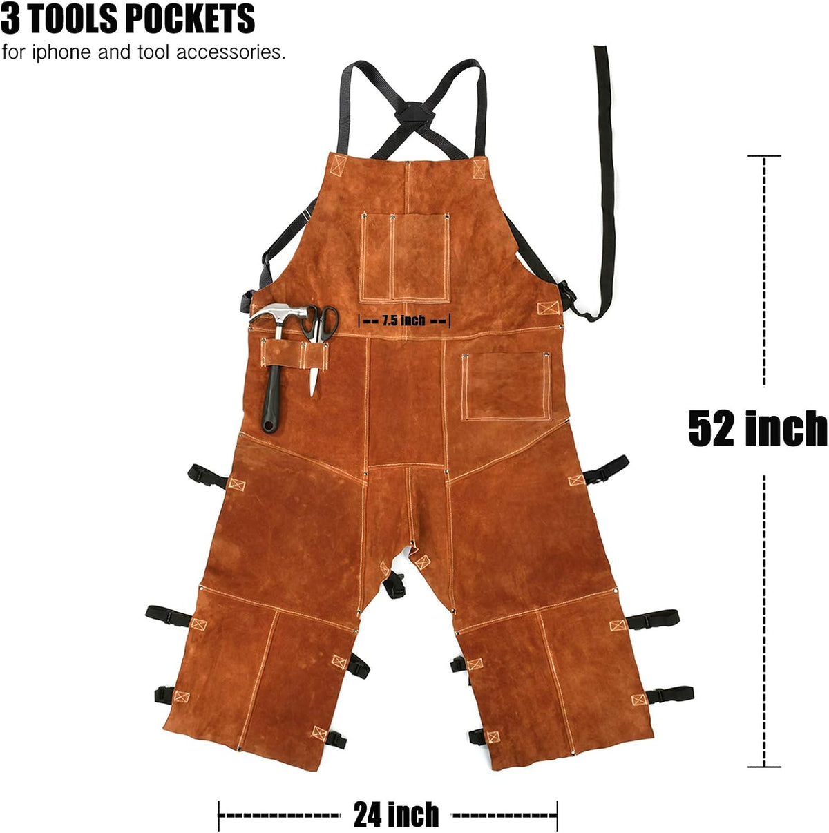 Leather Welding Apron Split Leg, Protective Chaps for Men | Spark Flame Heat Resistant Bib Pants - Heavy Duty Cowhide