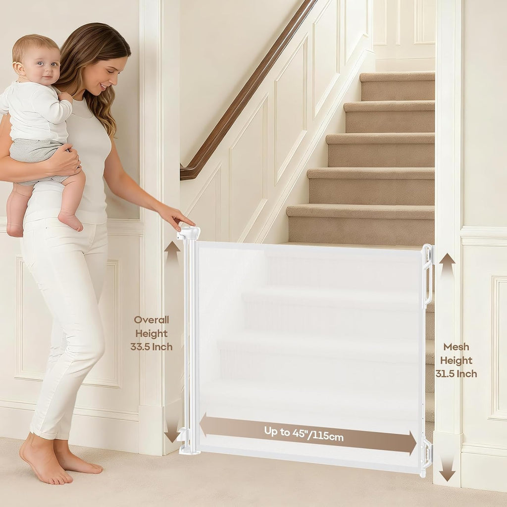 Retractable Safety Baby Gate or Mesh Dog Gate,Durable Portable Mesh Retractable Gate,Easy to Use for Stairs