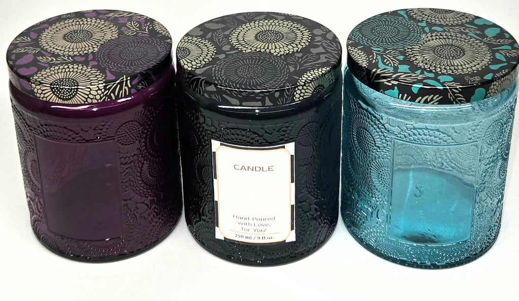 9oz/250ml Embossed Candle Jars – 6 Pack Empty Glass Containers with Tin Lids, Sticker & Warning Labels for Candle