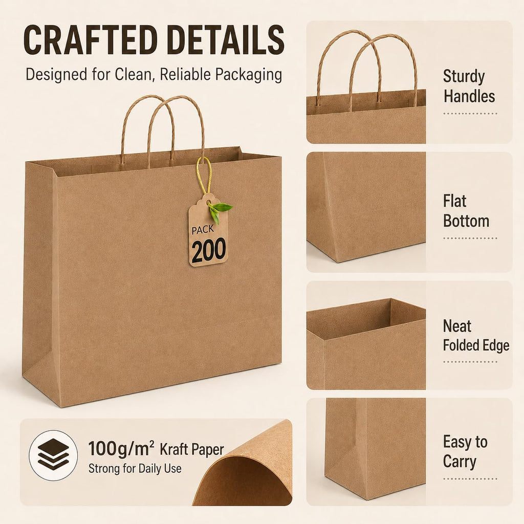 Large Brown Gift Paper Bags with Handles 16x6x12 Inch 200 Pack Bulk