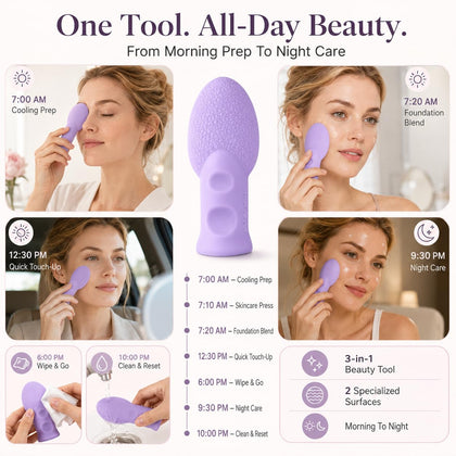 3-in-1 Silicone Makeup Sponge and Cooling Face Massager, Dual-Sided Foundation Applicator with Suction Base, Rose Veil