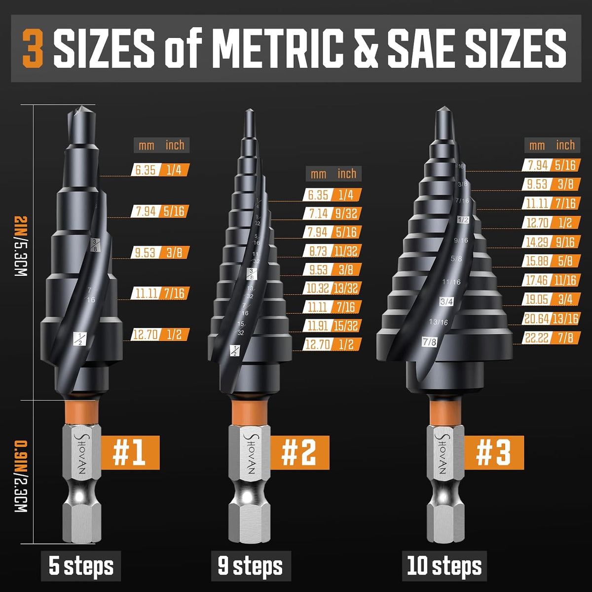 SS SHOVAN 3PCS M35 Cobalt Step Drill Bit Set (1/4"-7/8")