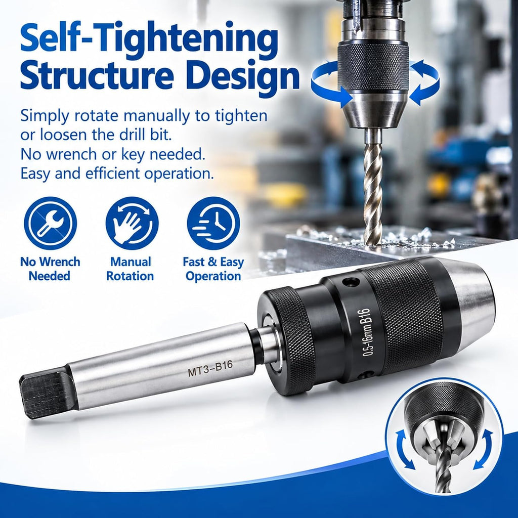 Keyless Drill Chuck, MT3-B16 0.5-16mm Quick Release with Morse Taper