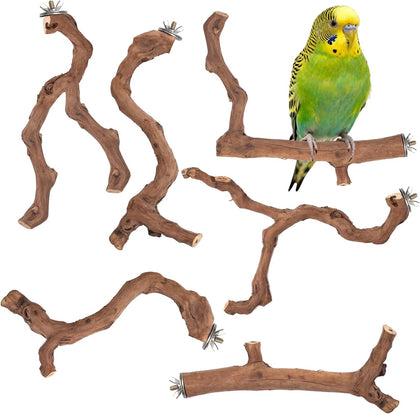 6-Piece Premium Bird Perch Stand with Natural Grape Wood Branch, Paw Grinding Fork, Chewing Stick, Cage Accessories