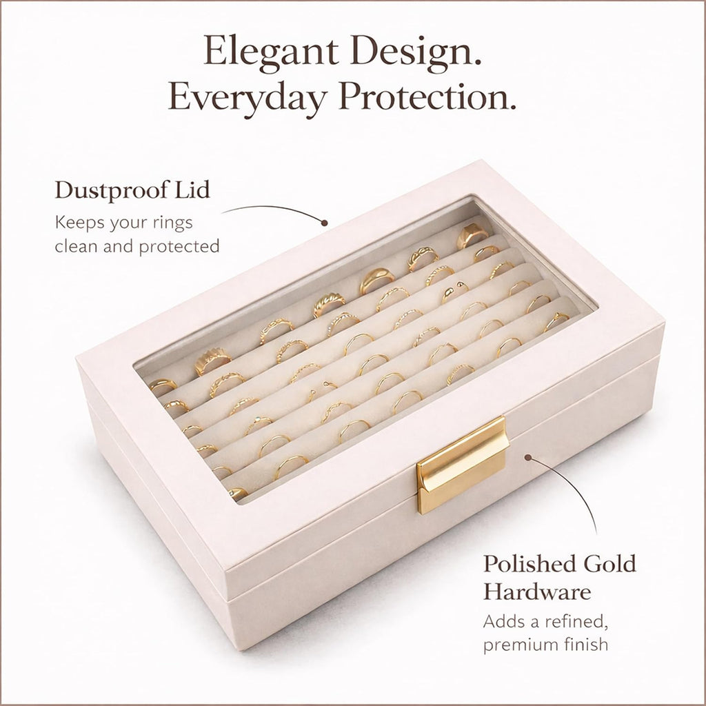 Ring and Earring Jewelry Display Box – Holds Up to 80 Rings, Faux Leather Jewelry Box with Velvet Interior and Clear