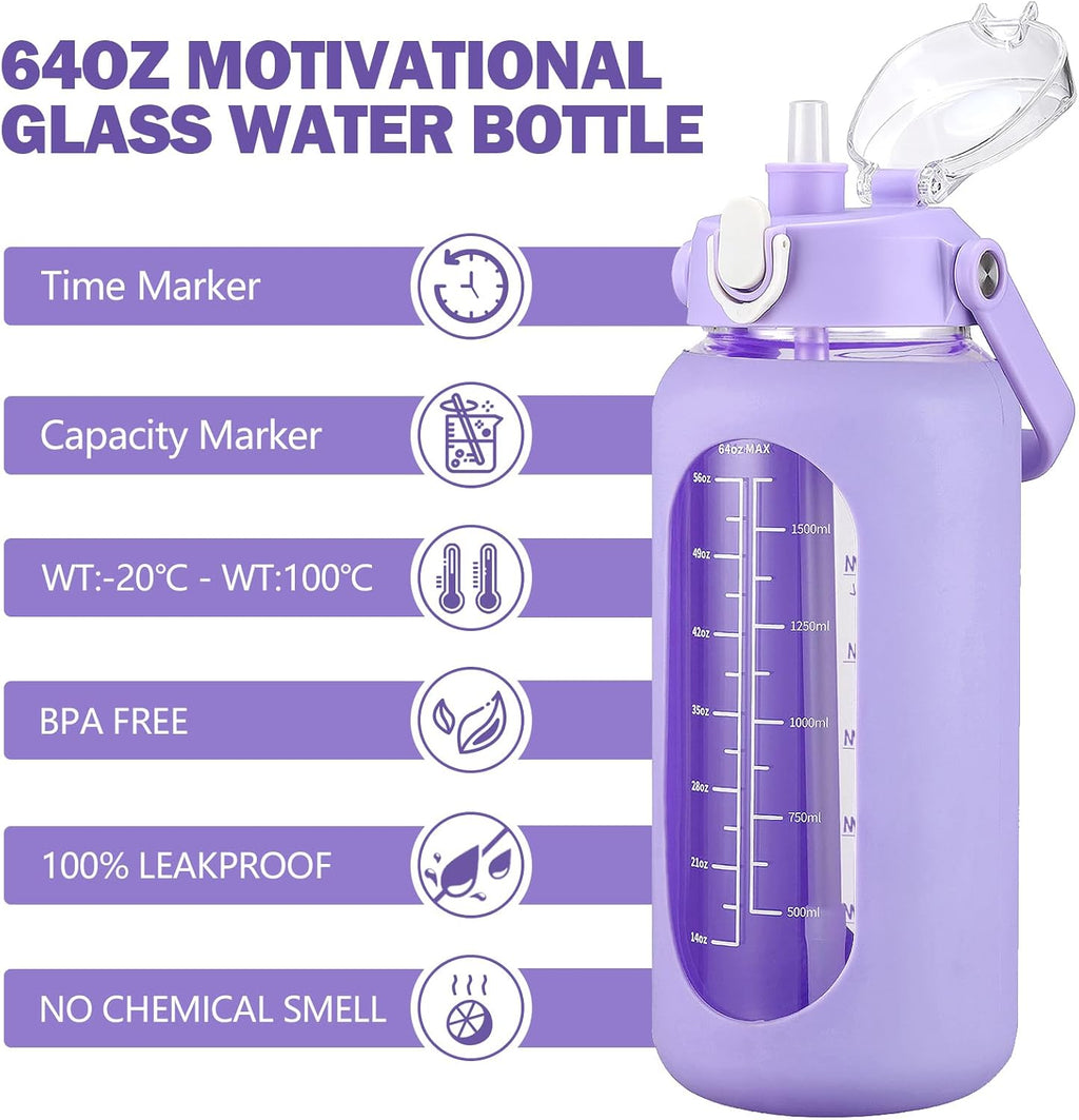 64oz Glass Water Bottles with Straw, Half Gallon Motivational Glass Bottle with Silicone Sleeve and Time Marker, 2L