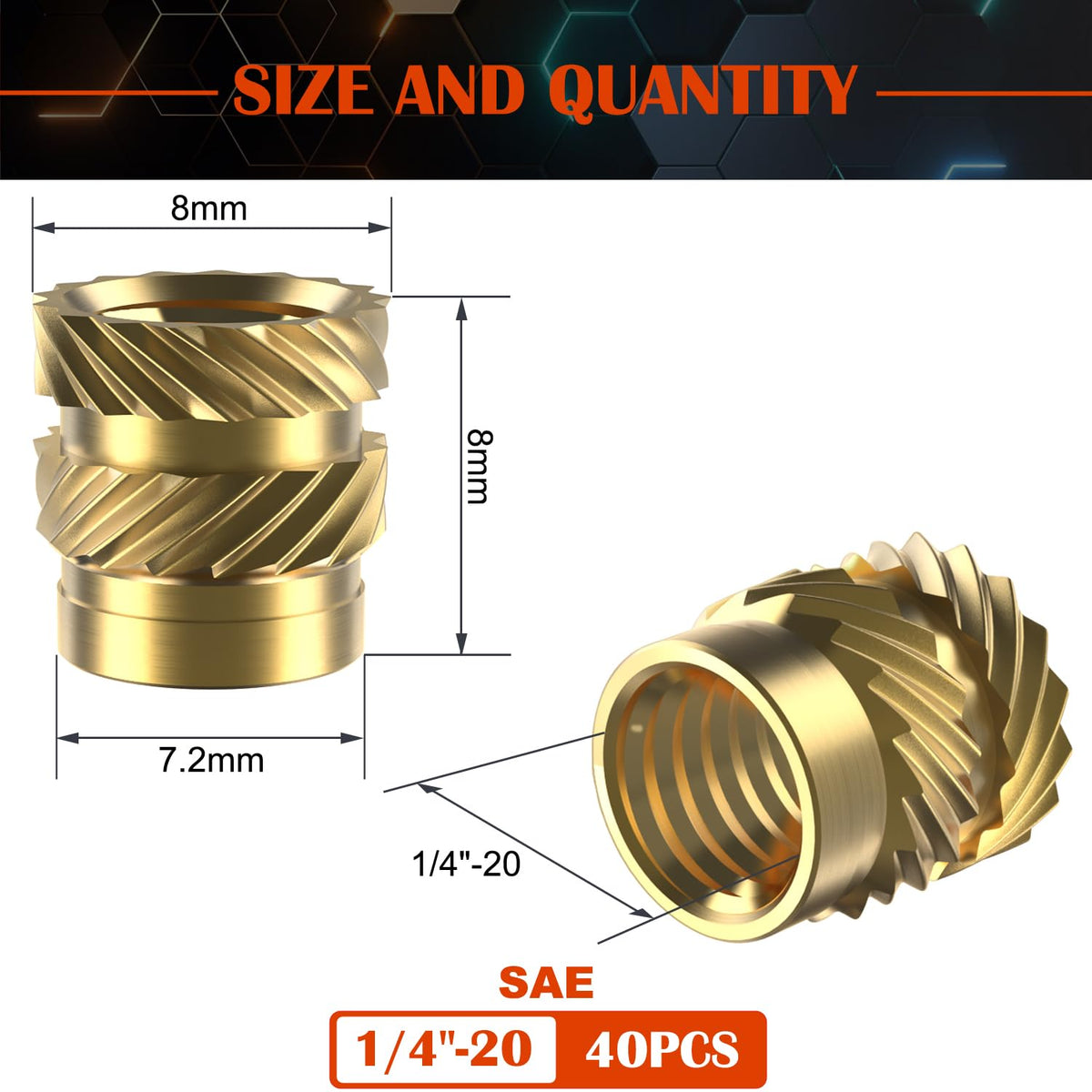 40Pcs Threaded Inserts, 1/4"-20 Female Thread SAE Knurled Nuts Assortment Kit, Brass Heat Set Insert for Plastic and 3D Printing Components (1/4"-20 * 8 * 8)