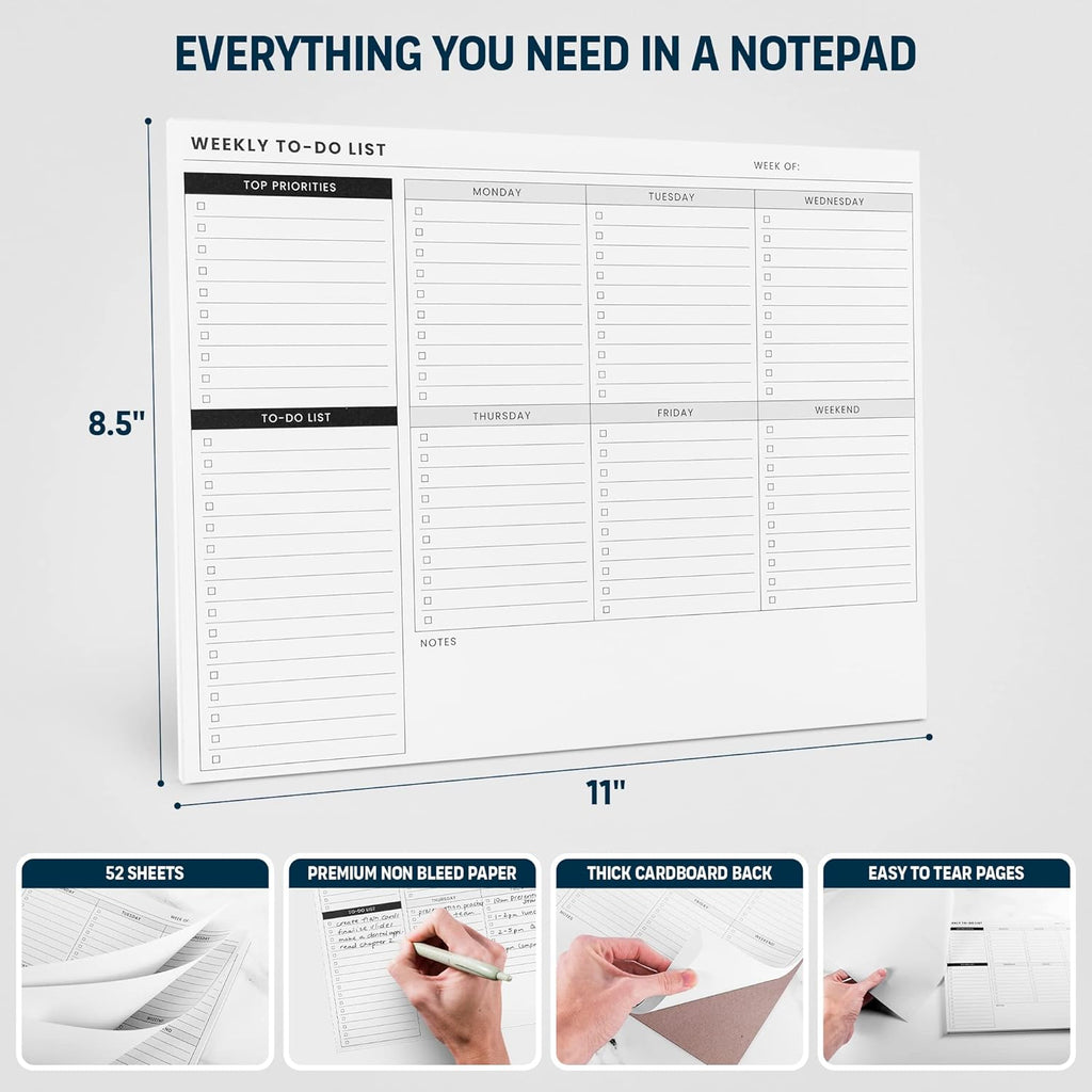 Weekly Planner Pad: To Do List Desk Notepad with Multiple Sections - 8.5x11" 52 Sheets - Undated Tear Off Notebook